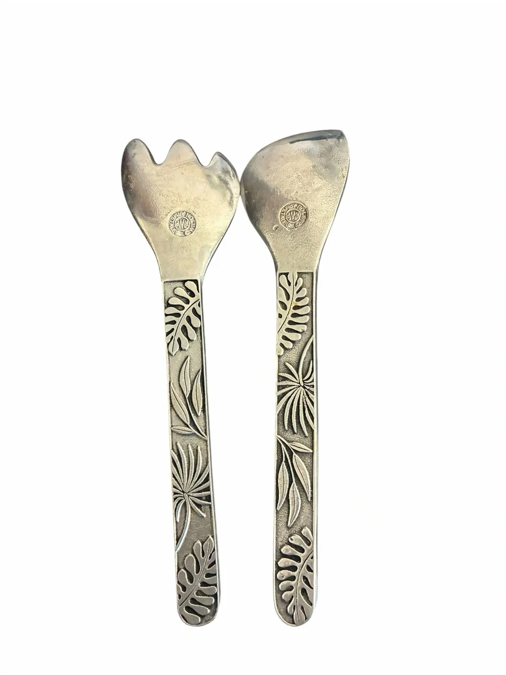 Wilton Armetale Tropical Leaf Salad Server Set Fork Spoon Pewter Finish USA